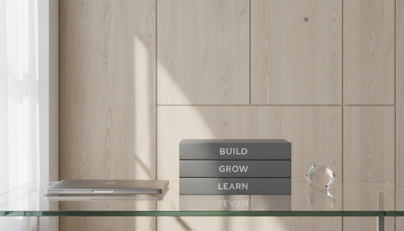 A stack of matte grey hardcover books with minimalist designs and silver embossed titles, arranged neatly on a sleek glass-topped desk. Surrounding the books are a closed modern laptop with an aluminum finish and a geometric crystal paperweight, all set atop a structured, light-wood panel backdrop. Gentle diffused daylight from a large side window casts subtle highlights and refined shadows, giving the scene a balanced and calm presence. The composition is centered, featuring clean lines and careful spacing, captured at an eye-level angle for clarity. The overall effect is one of professional focus and intentionality, rendered in photographic realism with a restrained, neutral-toned palette—perfectly aligning with a site dedicated to growth and disciplined learning.