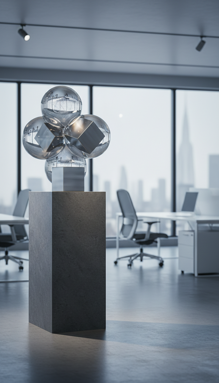 A sculptural arrangement of interlocking glass orbs and brushed steel cubes, symbolizing interconnected ideas and consciousness, displayed on a monochrome stone pedestal in a modern office environment with an open, minimal layout. Soft, cool-toned overhead studio lighting creates delicate glimmers and finely drawn shadows, emphasizing the clean contours. Shot from a slightly elevated angle with the primary subject placed according to the rule of thirds, the image conveys a mood of quiet innovation and sophisticated clarity. The photographic style maintains a crisp, structured corporate aesthetic, making it resonate with themes of expanded understanding and professional development.