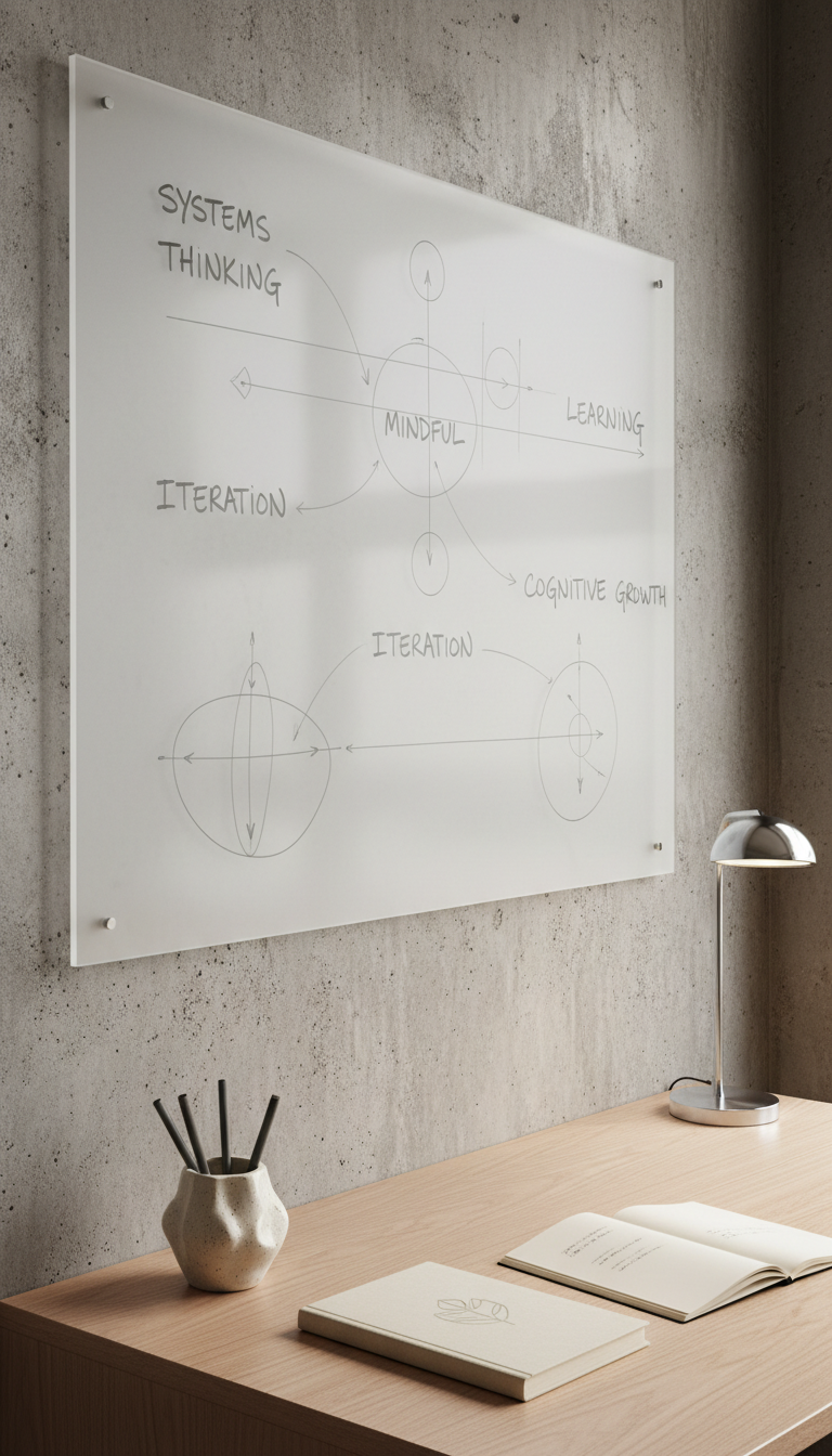 A tidy workspace featuring a large frosted acrylic whiteboard mounted on a textured concrete wall, with crisp diagrams and keywords elegantly drawn in neutral gray ink. Below, an organized surface holds a sculpted ceramic pen holder, a notebook with an embossed minimalist logo, and a single chrome desk lamp. Diffused, soft daylight enters from the right, enhancing the clarity of the whiteboard while casting muted, orderly shadows. The composition uses an asymmetrical layout with sharp focus throughout, projecting a mood of purposeful clarity and forward-thinking. The photographic realism and structured visual approach tie into concepts of cognitive growth and mindful education.